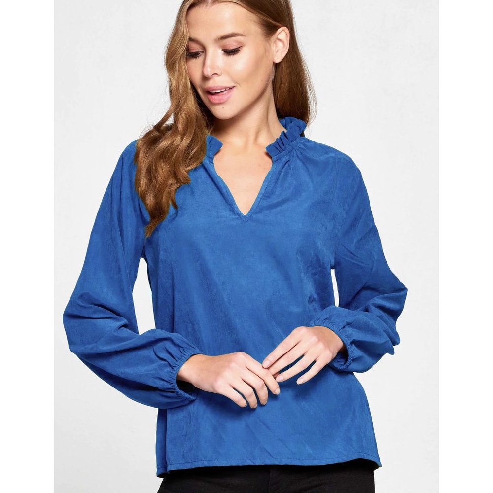 CUPRO RUFFLE NECK TOP | INDIGO BLUE
